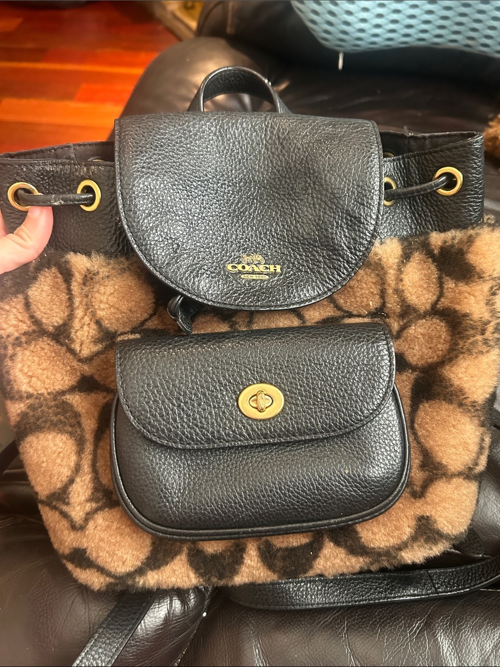 Coach Black Leather & Brown Signature Shearling Drawstring Shoulder Bag
